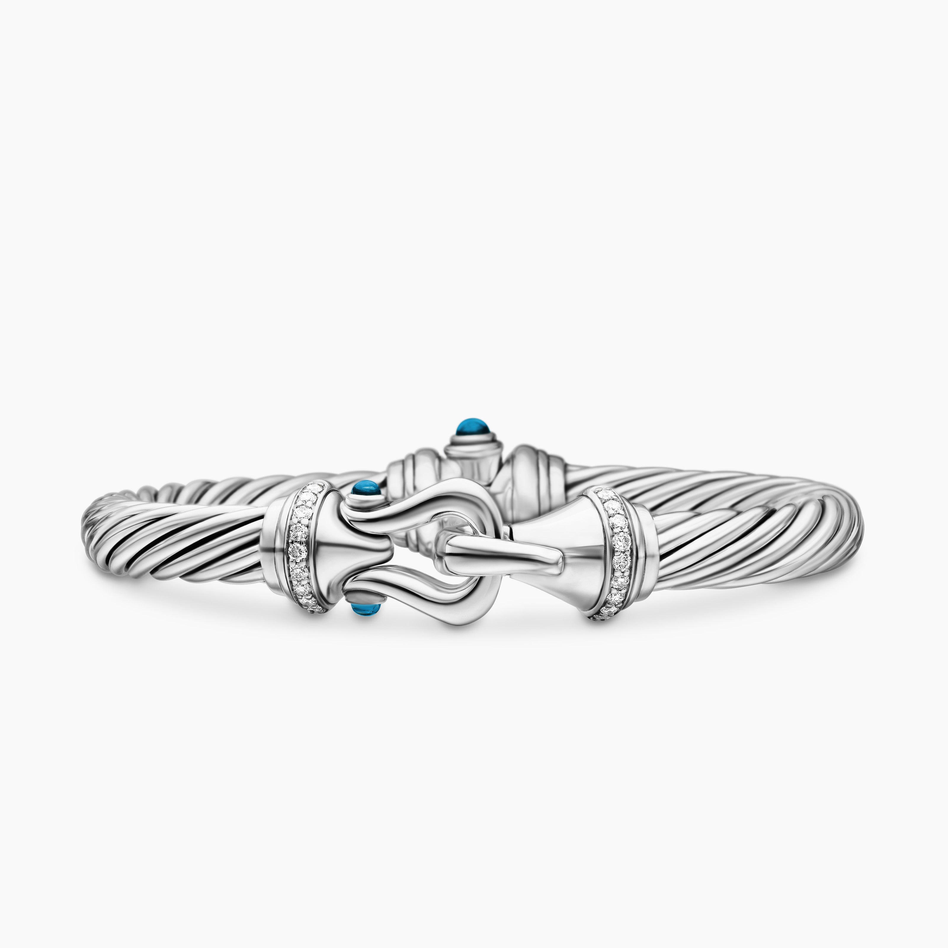 Womens Buckle Classic Cable Bracelet in Sterling Silver with Diamonds, 7mm