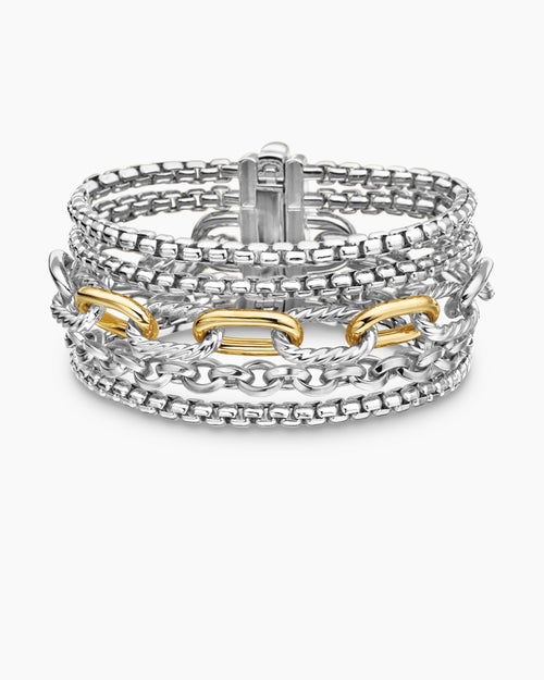 Womens Multi Row Chain Bracelet in Sterling Silver with 18K Yellow Gold, 29mm