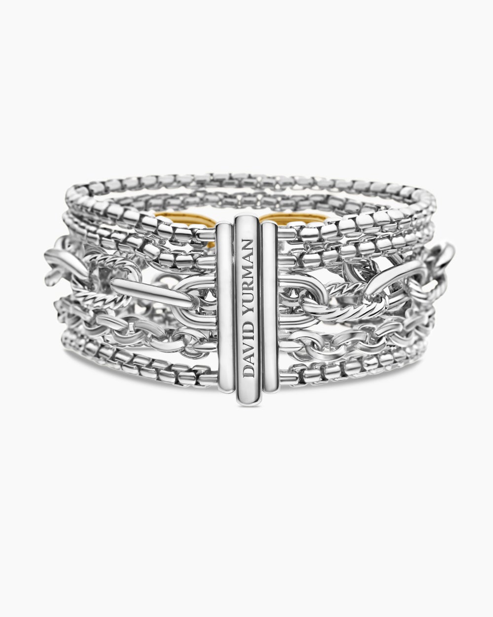 Womens Multi Row Chain Bracelet in Sterling Silver with 18K Yellow Gold, 29mm