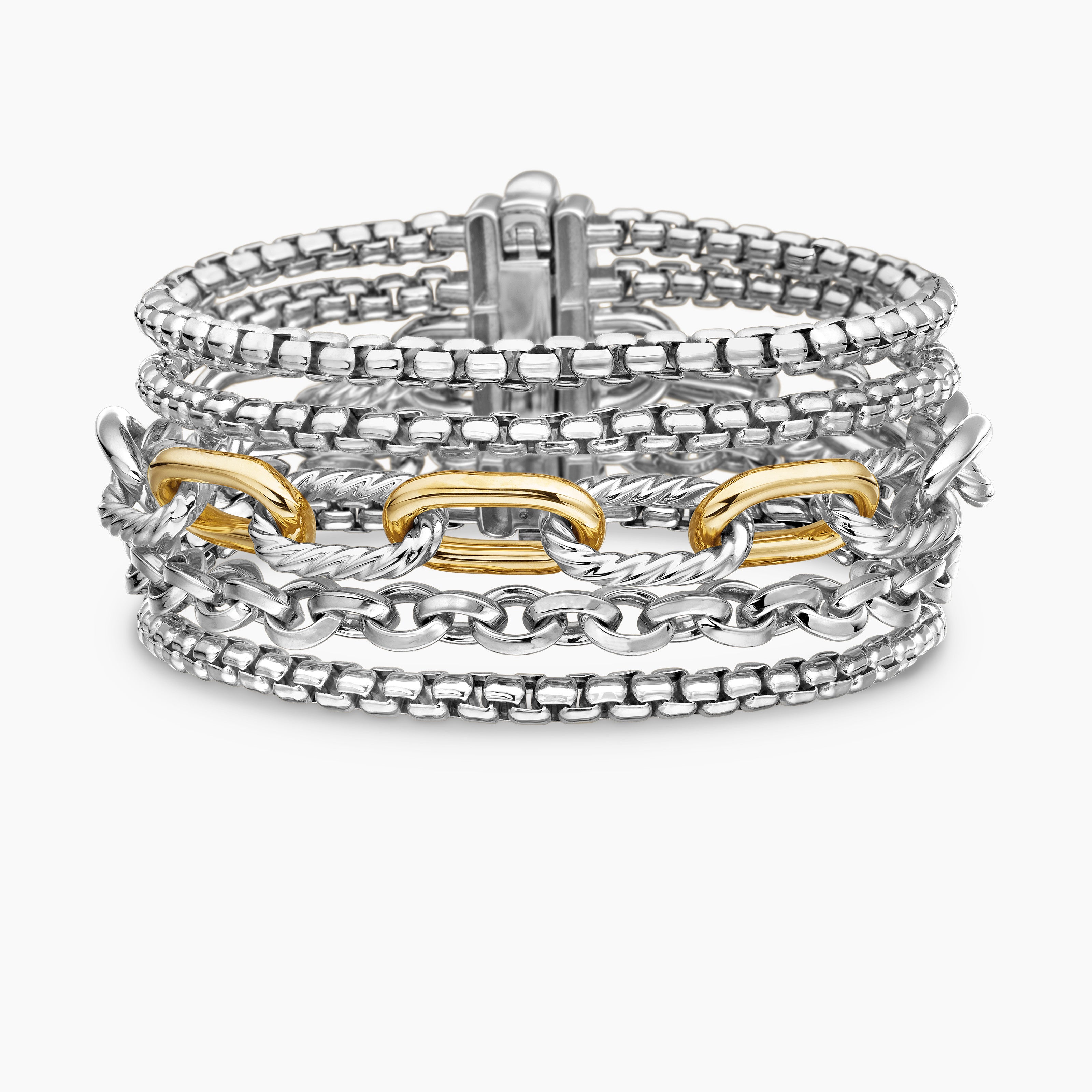 Womens Multi Row Chain Bracelet in Sterling Silver with 18K Yellow Gold, 29mm