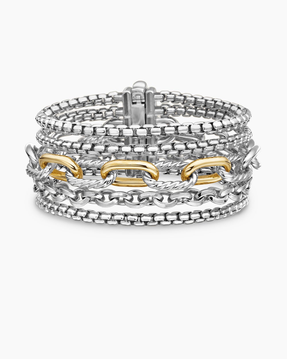 Womens Multi Row Chain Bracelet in Sterling Silver with 18K Yellow Gold, 29mm