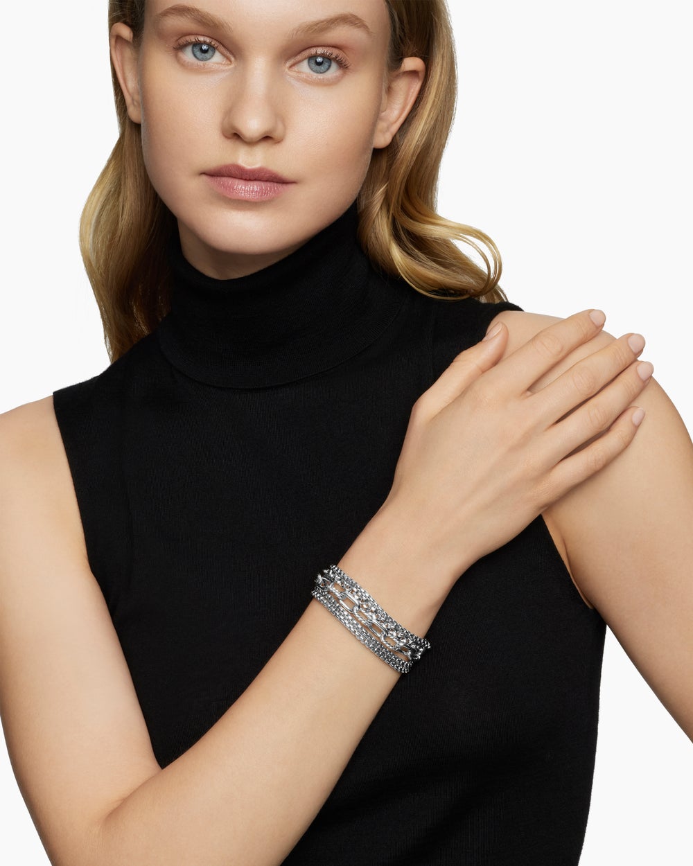 Womens Multi Row Chain Bracelet in Sterling Silver, 29mm