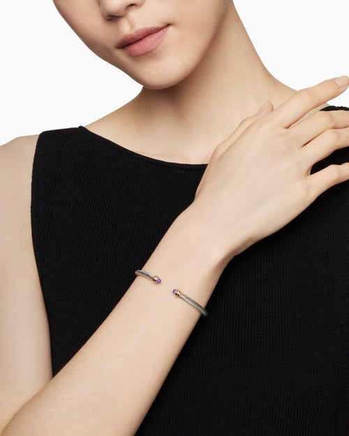 Womens Classic Cable Bracelet in Sterling Silver with 18K Yellow Gold, 4mm