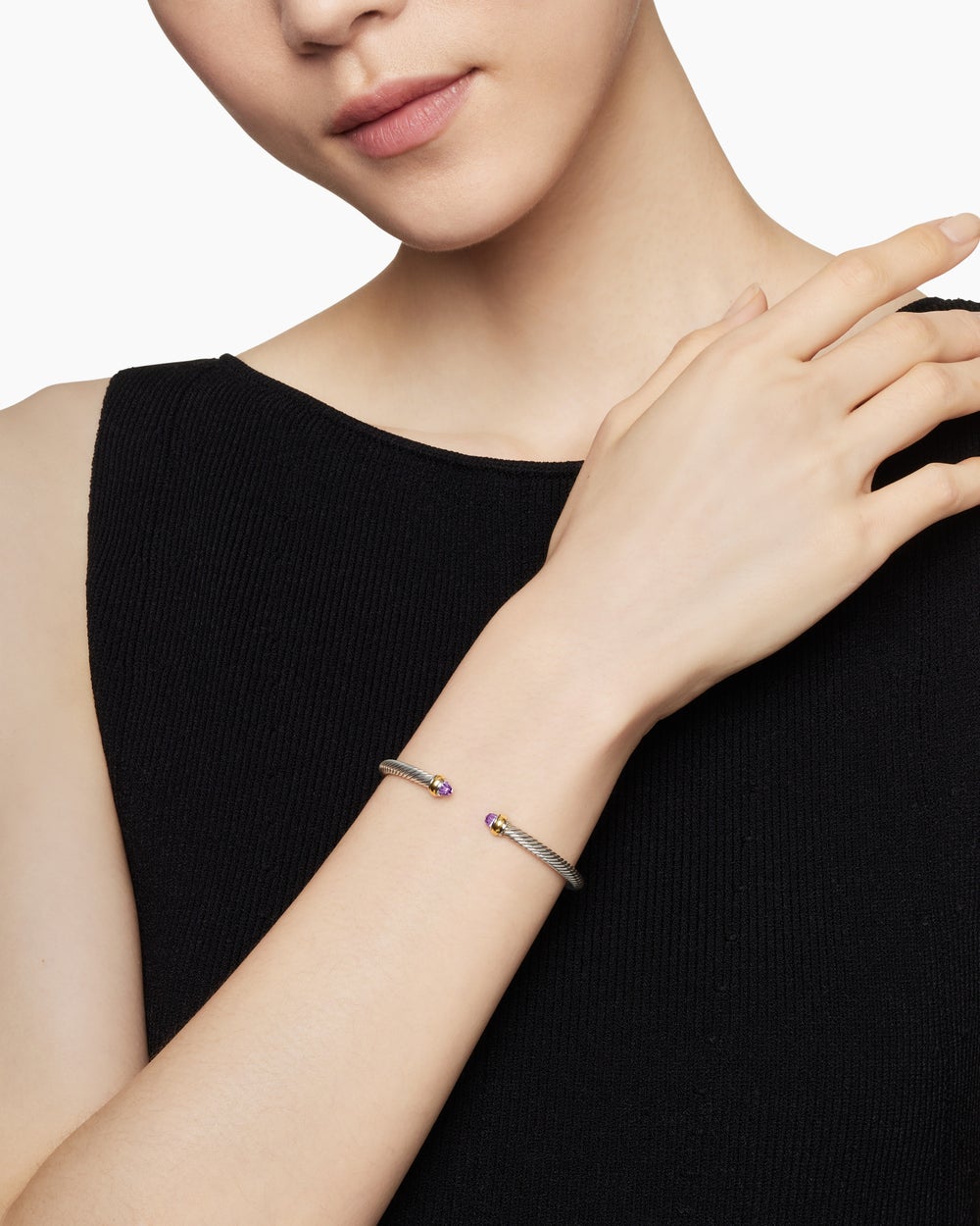 Womens Classic Cable Bracelet in Sterling Silver with 18K Yellow Gold, 4mm