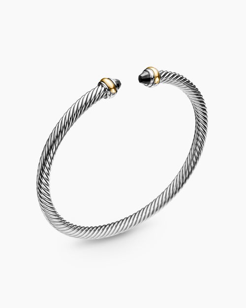 Womens Classic Cable Bracelet in Sterling Silver with 18K Yellow Gold and Black Onyx, 4mm
