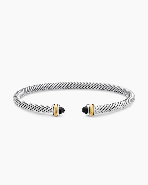 Womens Classic Cable Bracelet in Sterling Silver with 18K Yellow Gold and Black Onyx, 4mm