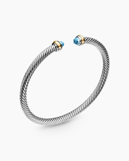 Womens Classic Cable Bracelet in Sterling Silver with 18K Yellow Gold and Blue Topaz, 4mm
