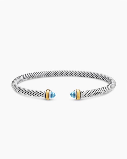 Womens Classic Cable Bracelet in Sterling Silver with 18K Yellow Gold and Blue Topaz, 4mm