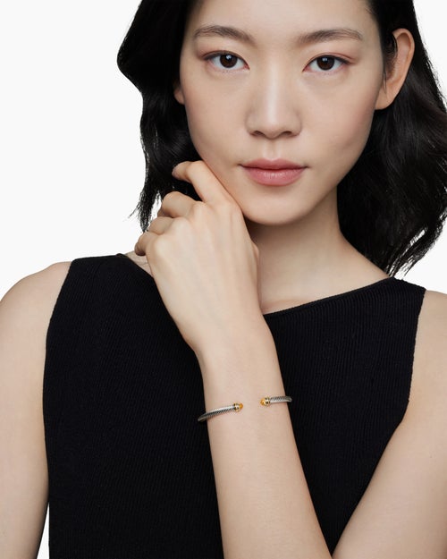 Womens Classic Cable Bracelet in Sterling Silver with 18K Yellow Gold and Citrine, 4mm