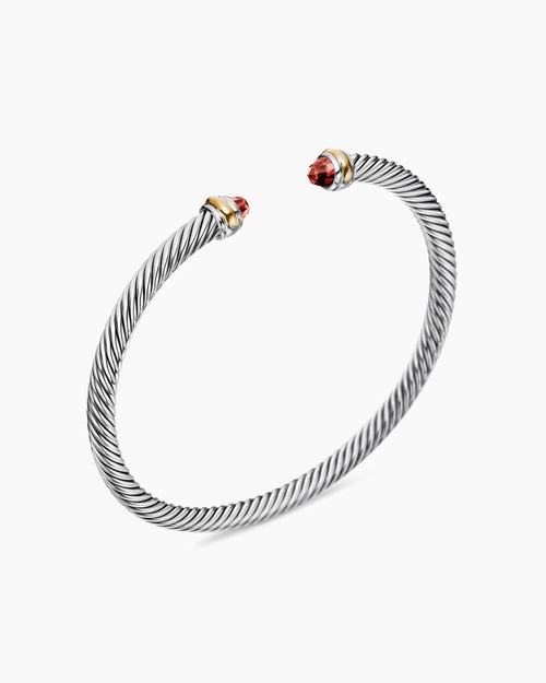 Womens Classic Cable Bracelet in Sterling Silver with 18K Yellow Gold and Garnets, 4mm