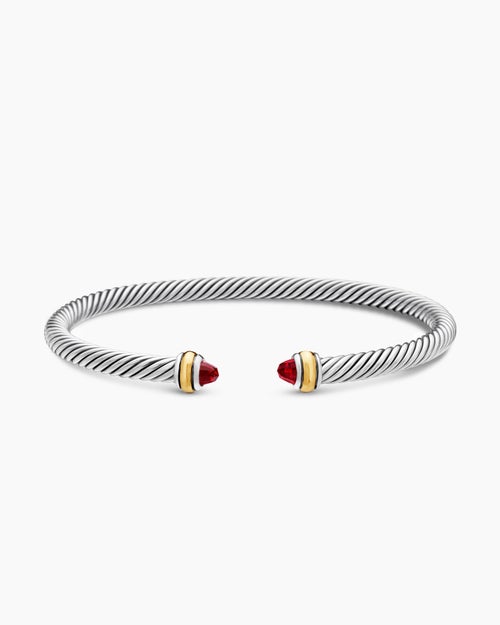 Womens Classic Cable Bracelet in Sterling Silver with 18K Yellow Gold and Garnets, 4mm