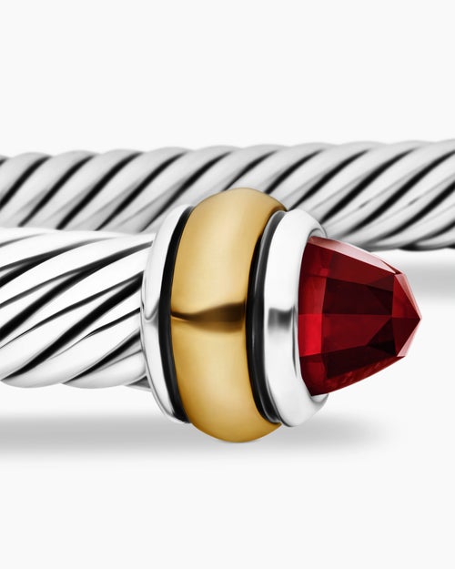 Womens Classic Cable Bracelet in Sterling Silver with 18K Yellow Gold and Garnets, 4mm