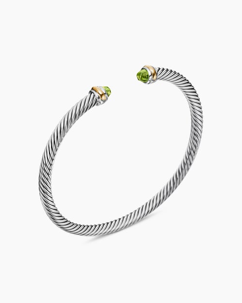 Womens Classic Cable Bracelet in Sterling Silver with 18K Yellow Gold and Peridot, 4mm