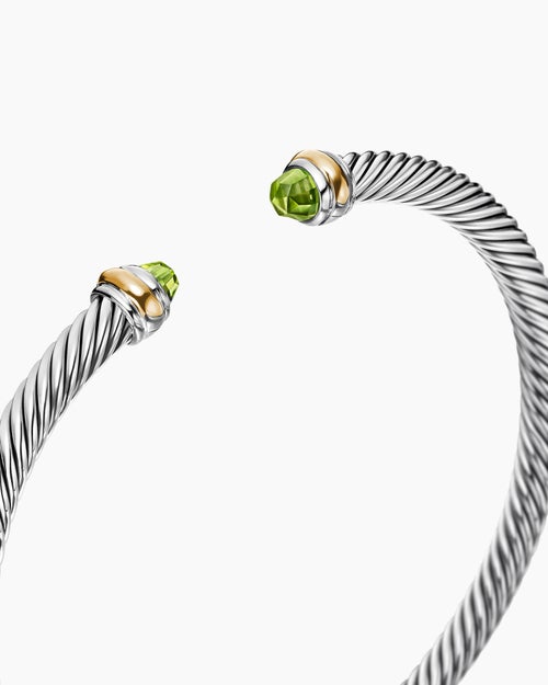 Womens Classic Cable Bracelet in Sterling Silver with 18K Yellow Gold and Peridot, 4mm