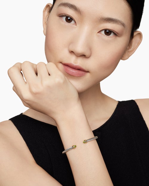 Womens Classic Cable Bracelet in Sterling Silver with 18K Yellow Gold and Peridot, 4mm