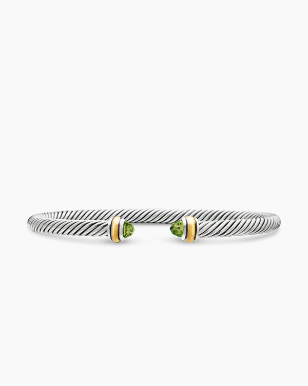 Classic Cable Bracelet in Sterling Silver with 18K Yellow Gold and Peridot, 4mm