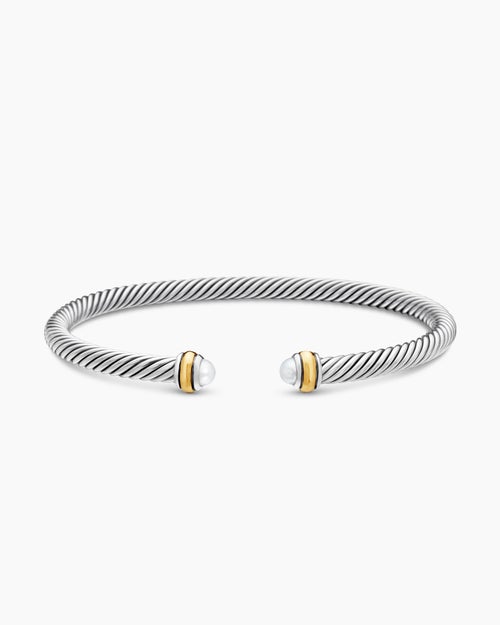 Womens Classic Cable Bracelet in Sterling Silver with 18K Yellow Gold and Pearls, 4mm