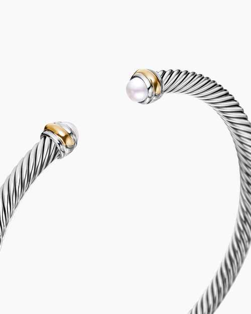 Womens Classic Cable Bracelet in Sterling Silver with 18K Yellow Gold and Pearls, 4mm