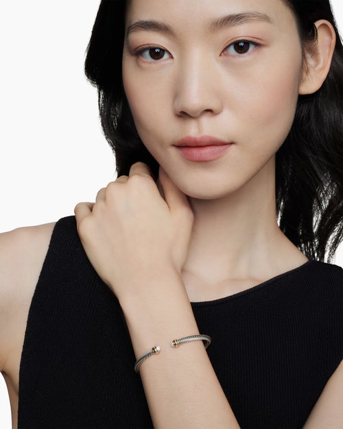 Womens Classic Cable Bracelet in Sterling Silver with 18K Yellow Gold and Pearls, 4mm