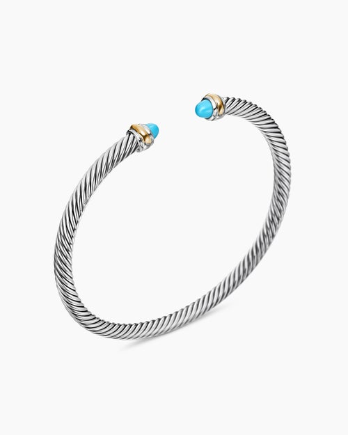 Womens Classic Cable Bracelet in Sterling Silver with 18K Yellow Gold and Turquoise, 4mm