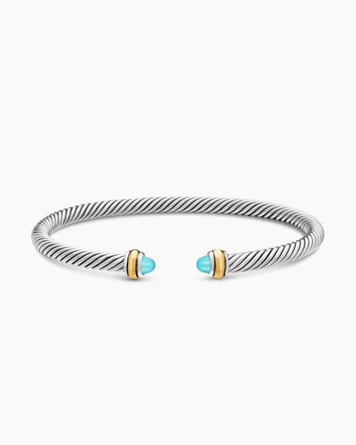 Womens Classic Cable Bracelet in Sterling Silver with 18K Yellow Gold and Turquoise, 4mm