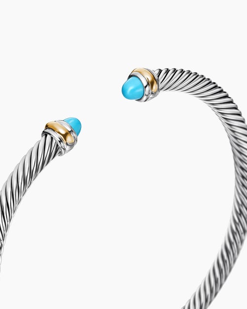 Womens Classic Cable Bracelet in Sterling Silver with 18K Yellow Gold and Turquoise, 4mm
