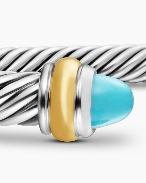 Womens Classic Cable Bracelet in Sterling Silver with 18K Yellow Gold and Turquoise, 4mm