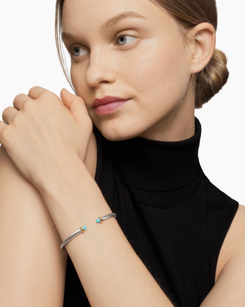 Womens Classic Cable Bracelet in Sterling Silver with 18K Yellow Gold and Turquoise, 4mm