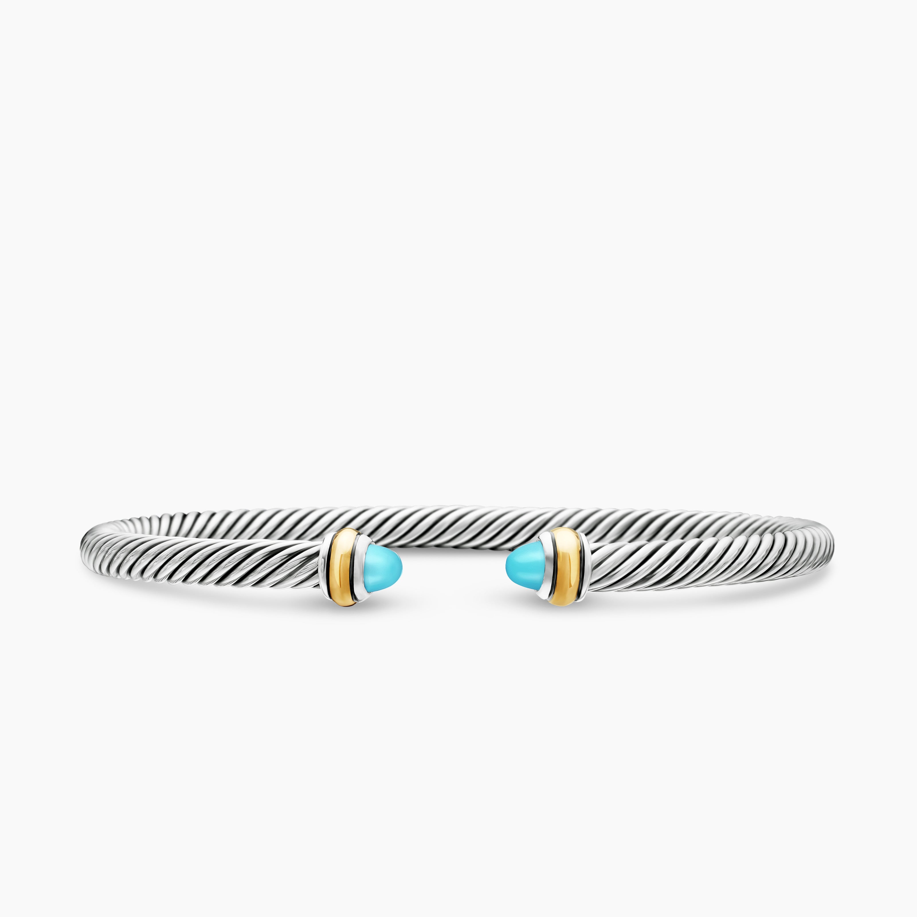 Womens Classic Cable Bracelet in Sterling Silver with 18K Yellow Gold and Turquoise, 4mm