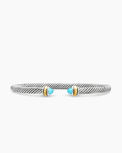 Womens Classic Cable Bracelet in Sterling Silver with 18K Yellow Gold and Turquoise, 4mm