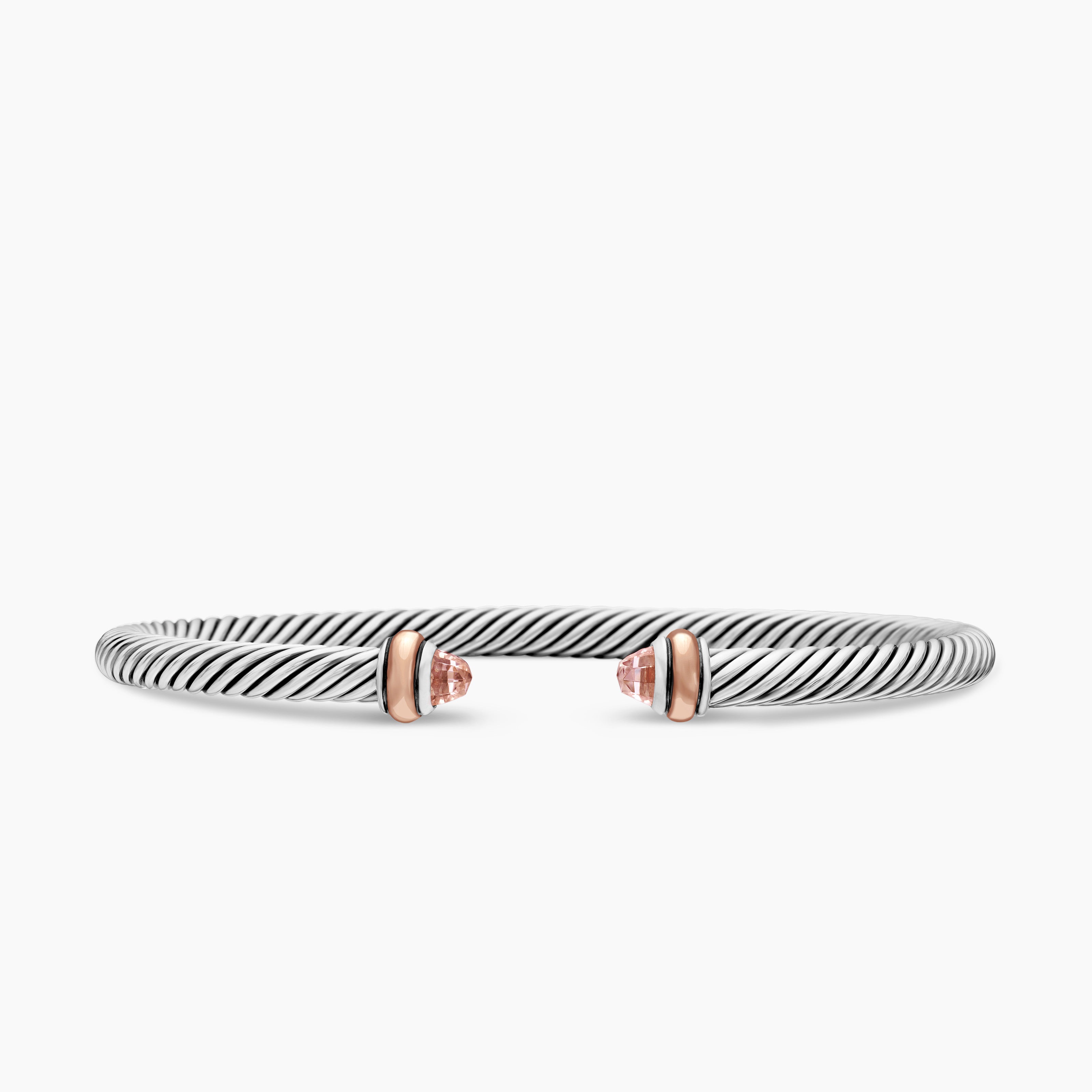 Womens Classic Cable Bracelet in Sterling Silver with 18K Rose Gold and Morganite, 4mm