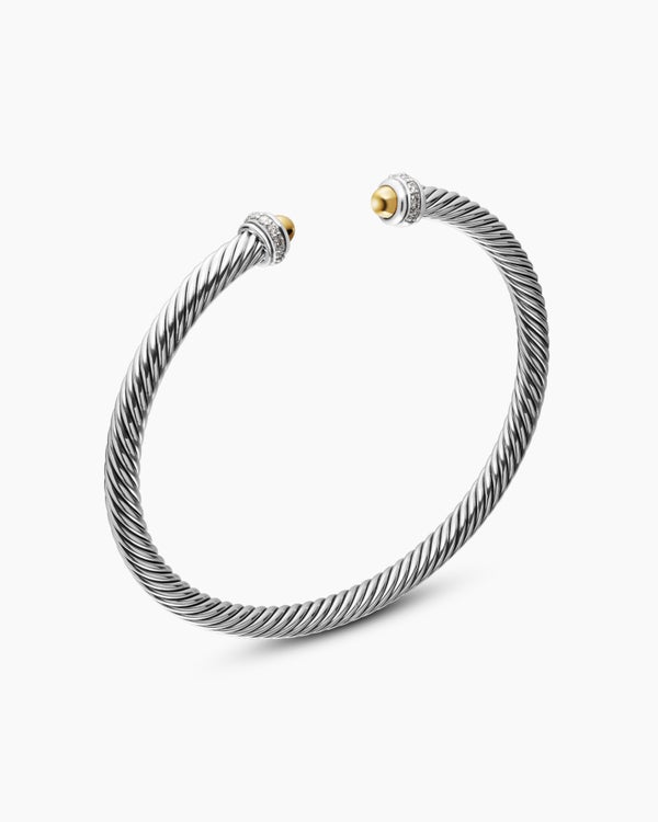 Classic Cable Bracelet in Sterling Silver with 18K Yellow Gold and Diamonds, 4mm