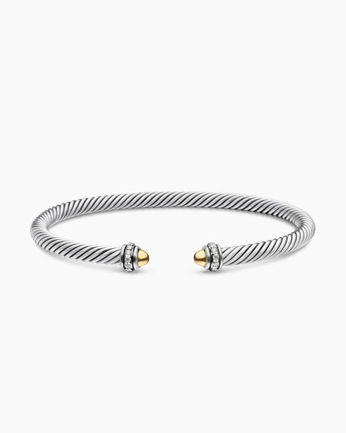 Womens Classic Cable Bracelet in Sterling Silver with 18K Yellow Gold and Diamonds, 4mm