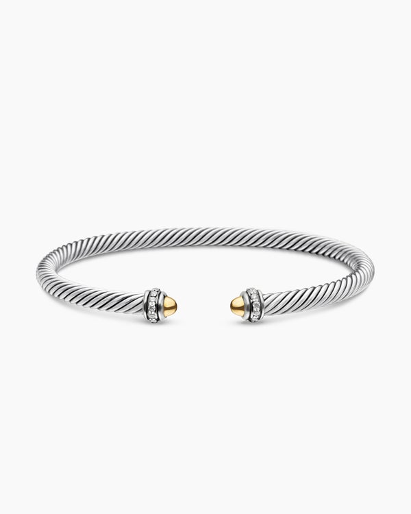 Classic Cable Bracelet in Sterling Silver with 18K Yellow Gold and Diamonds, 4mm