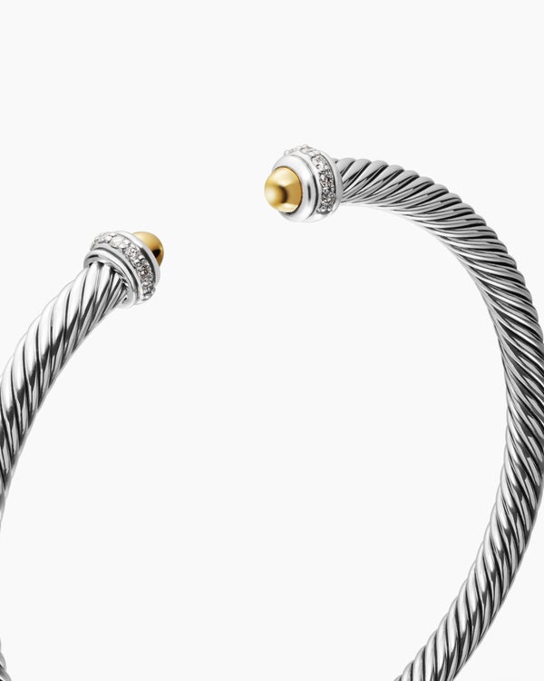 Classic Cable Bracelet in Sterling Silver with 18K Yellow Gold and Diamonds, 4mm
