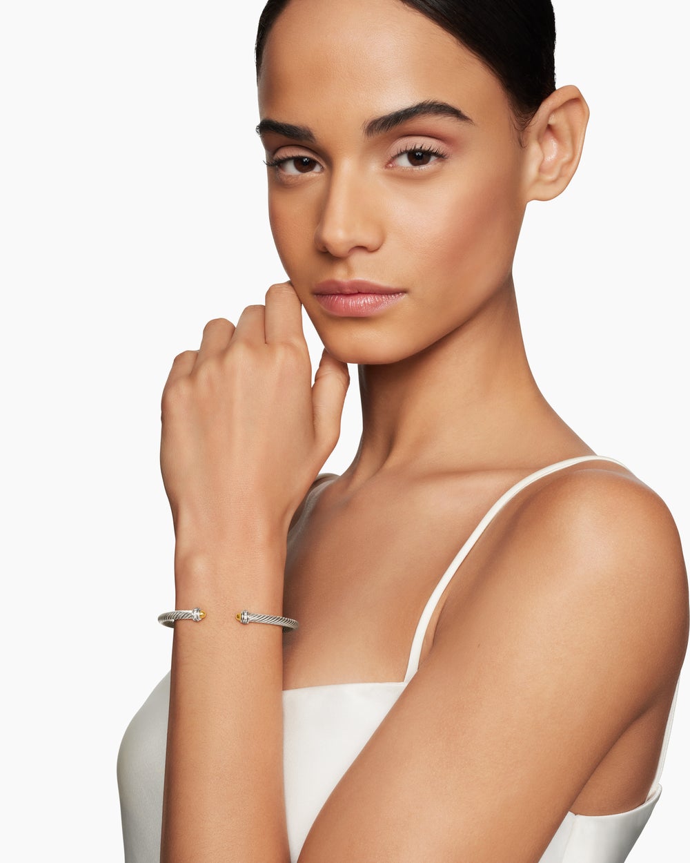 Womens Classic Cable Bracelet in Sterling Silver with 18K Yellow Gold and Diamonds, 4mm