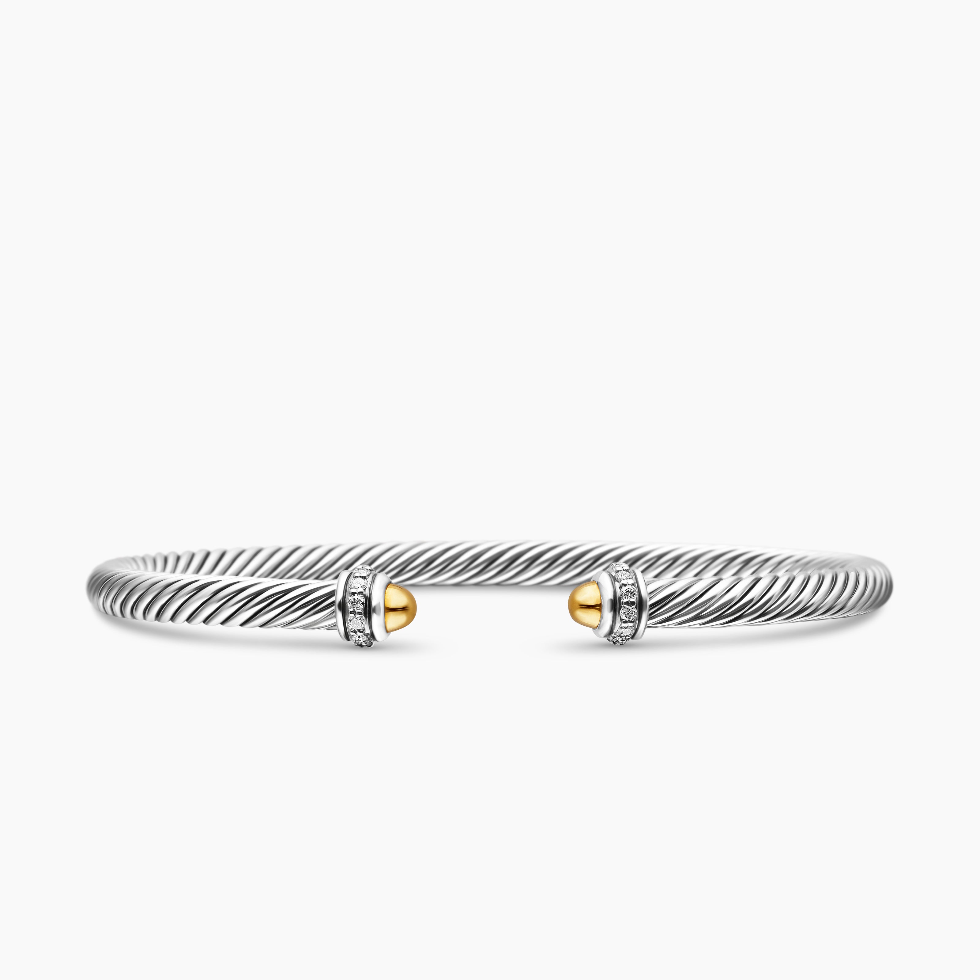 Womens Classic Cable Bracelet in Sterling Silver with 18K Yellow Gold and Diamonds, 4mm