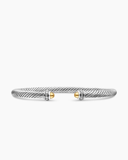 Womens Classic Cable Bracelet in Sterling Silver with 18K Yellow Gold and Diamonds, 4mm