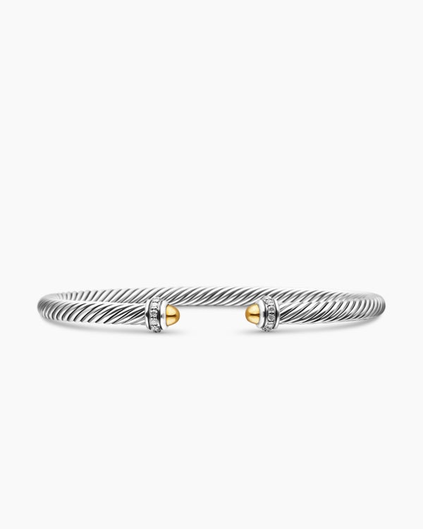 Classic Cable Bracelet in Sterling Silver with 18K Yellow Gold and Diamonds, 4mm