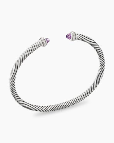 Classic Cable Bracelet in Sterling Silver with Amethyst and Diamonds, 4mm