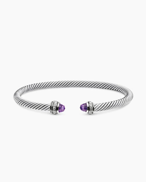 Womens Classic Cable Bracelet in Sterling Silver with Diamonds, 4mm