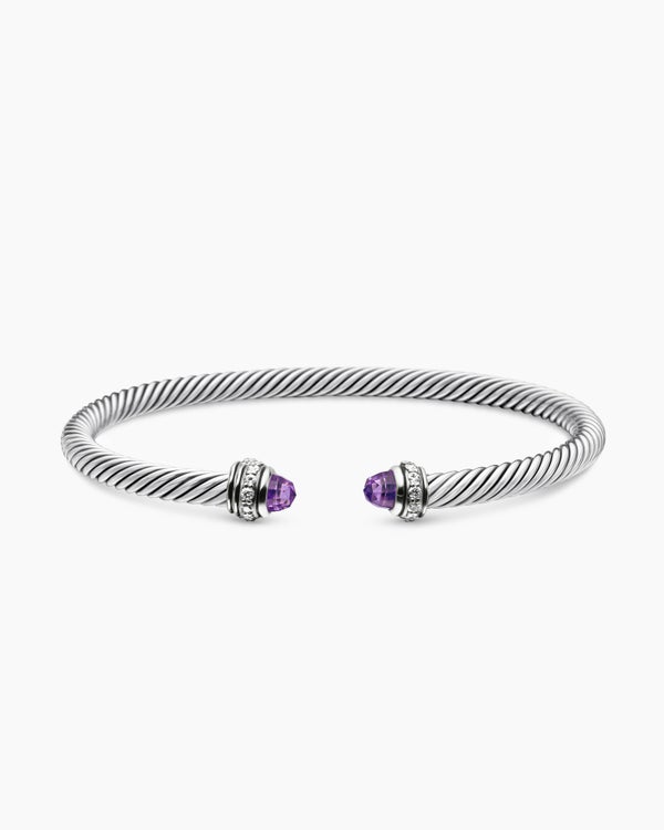 Classic Cable Bracelet in Sterling Silver with Amethyst and Diamonds, 4mm