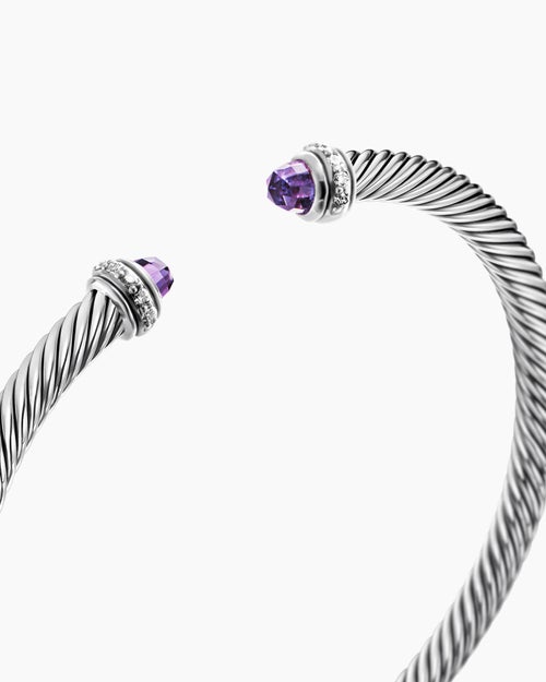 Womens Classic Cable Bracelet in Sterling Silver with Diamonds, 4mm