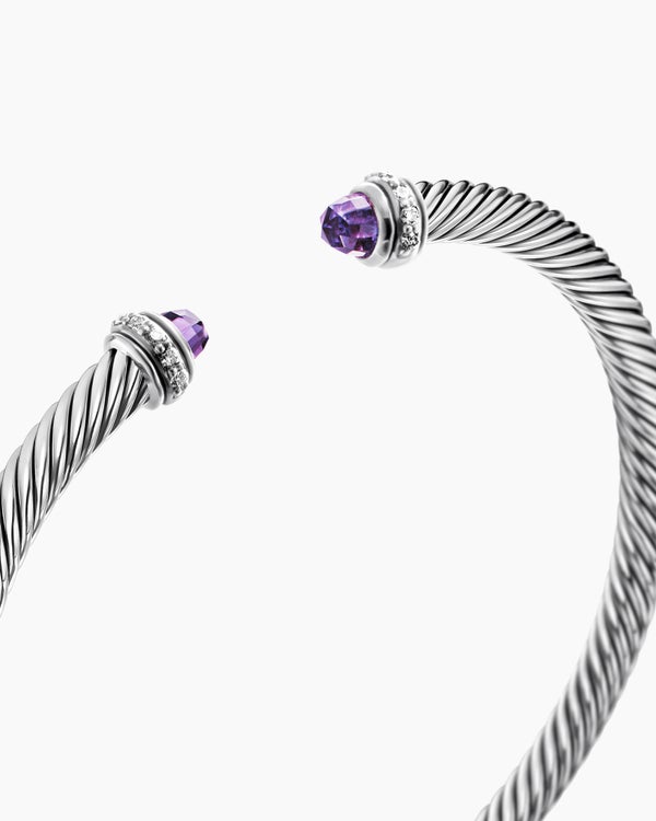 Classic Cable Bracelet in Sterling Silver with Amethyst and Diamonds, 4mm