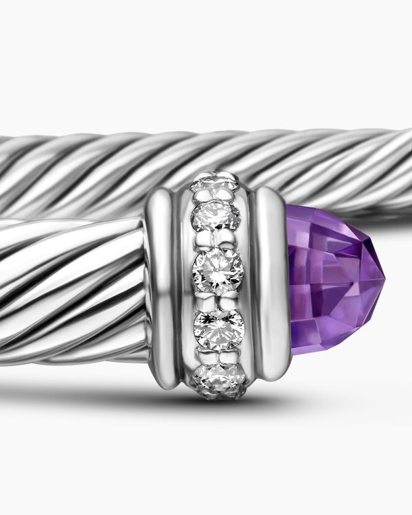 Classic Cable Bracelet in Sterling Silver with Amethyst and Diamonds, 4mm