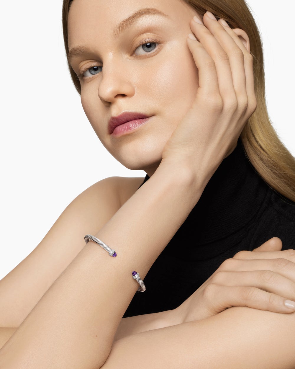 Womens Classic Cable Bracelet in Sterling Silver with Diamonds, 4mm