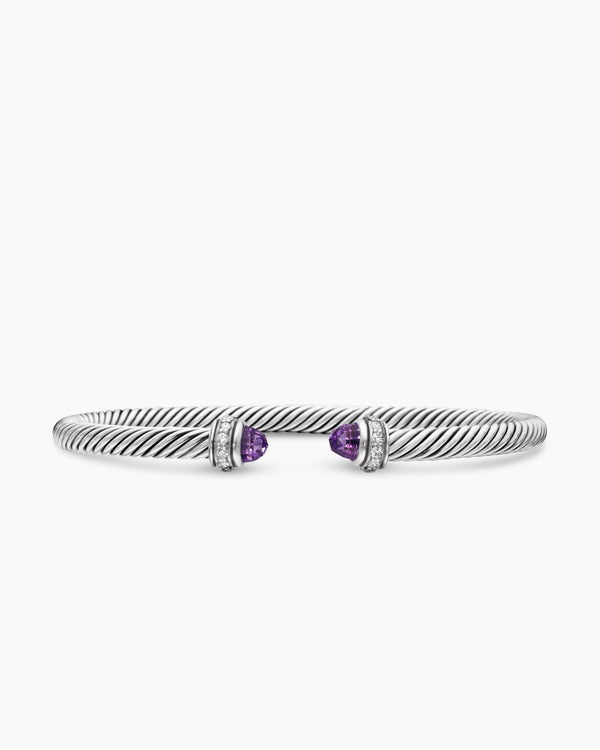 Classic Cable Bracelet in Sterling Silver with Amethyst and Diamonds, 4mm