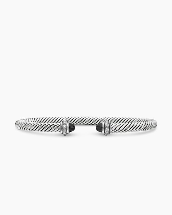 Classic Cable Bracelet in Sterling Silver with Black Onyx and Diamonds, 4mm