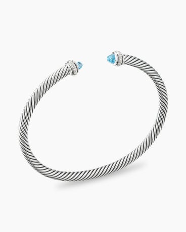 Classic Cable Bracelet in Sterling Silver with Blue Topaz and Diamonds, 4mm