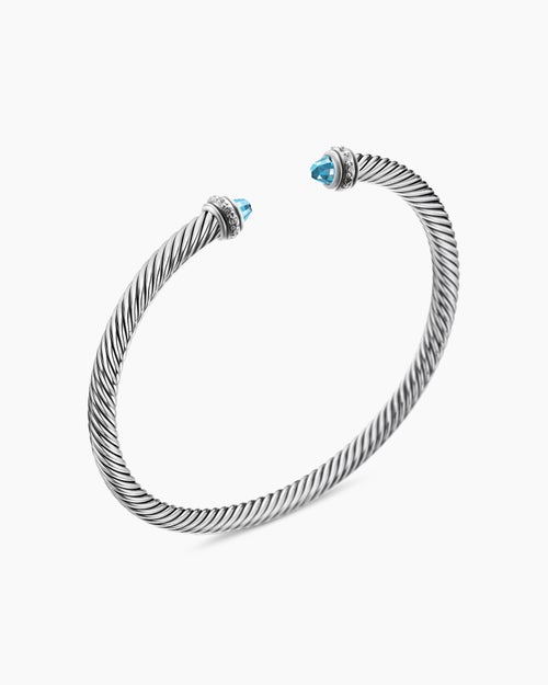 Womens Classic Cable Bracelet in Sterling Silver with Blue Topaz and Diamonds, 4mm
